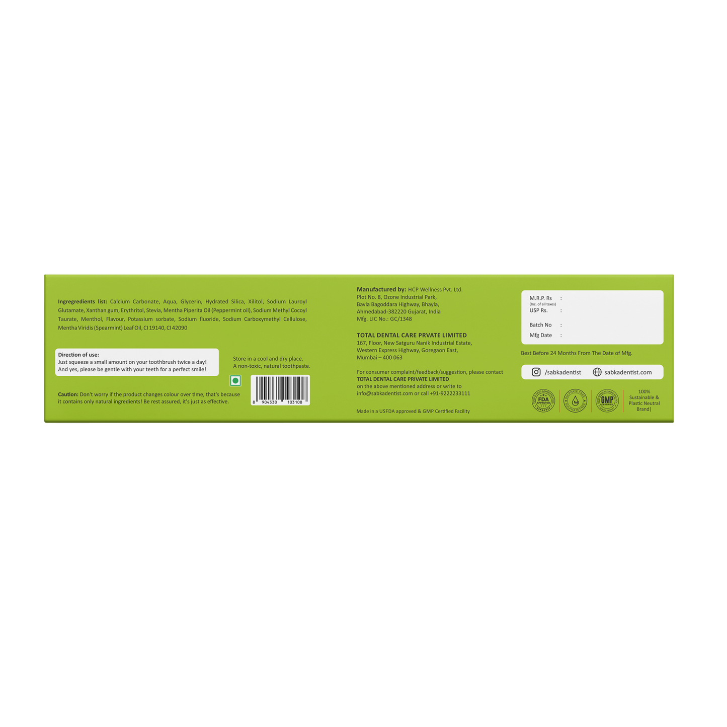 Sabka Dentist Green Apple Toothpaste